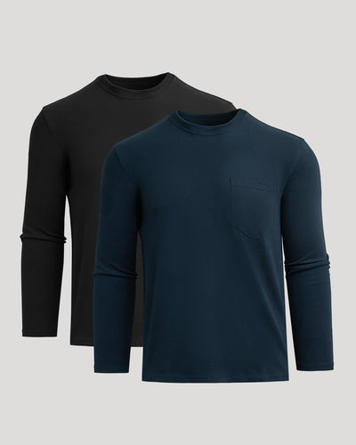Black & Navy Heavyweight Long Sleeve Pocket Crew 2-PacK
