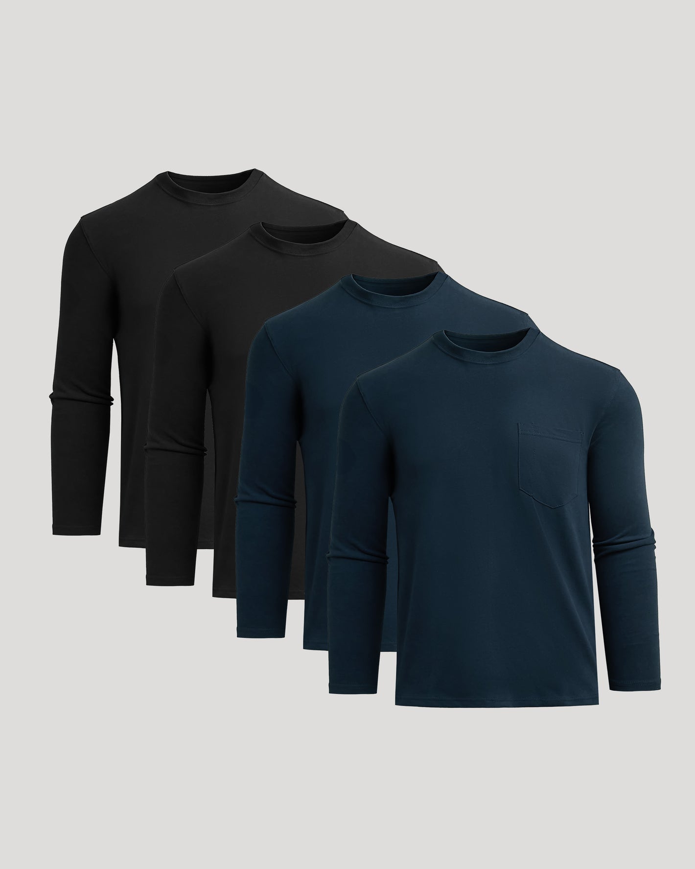 Black & Navy Heavyweight Long Sleeve Pocket Crew 4-Pack stacked.