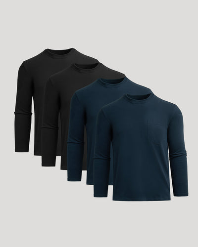 Black & Navy Heavyweight Long Sleeve Pocket Crew 4-Pack
