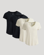 Womens Black & Oatmeal Relaxed Slub V-Neck Tee 4-Pack