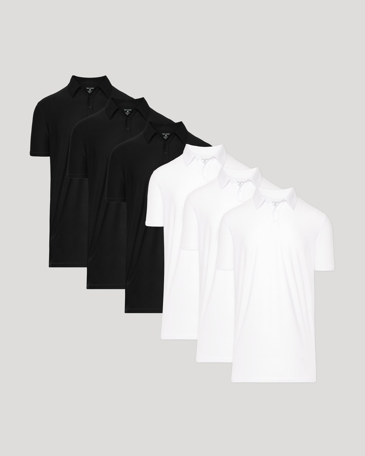 Black & White Tall Active Polo 6-Pack fanned out display.