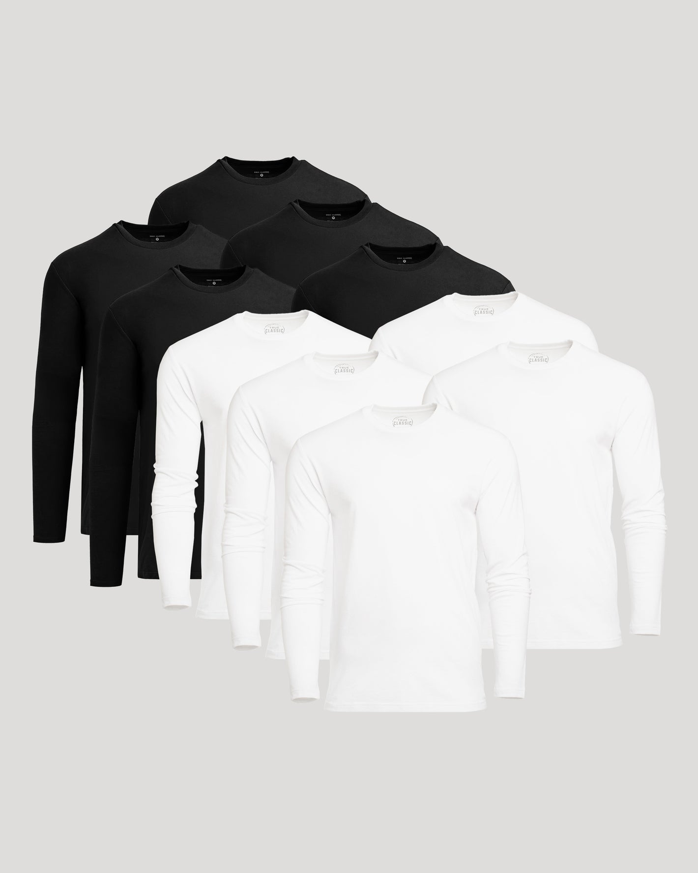 Black & White Classic Long Sleeve Crew Neck 10-Pack neatly arranged.