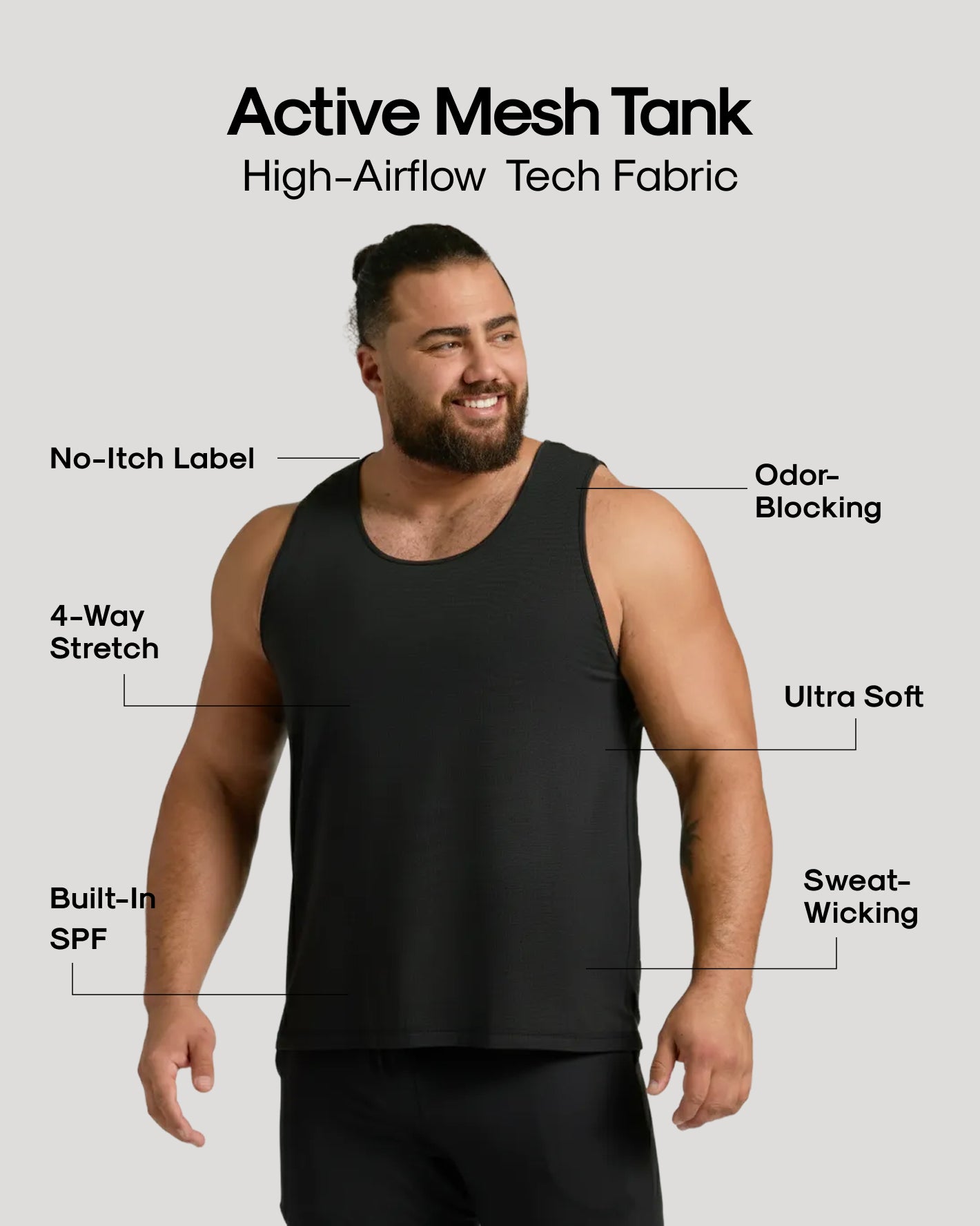 Active Mesh Tank on model showcasing features: itch-free, stretch, SPF, odor-blocking.