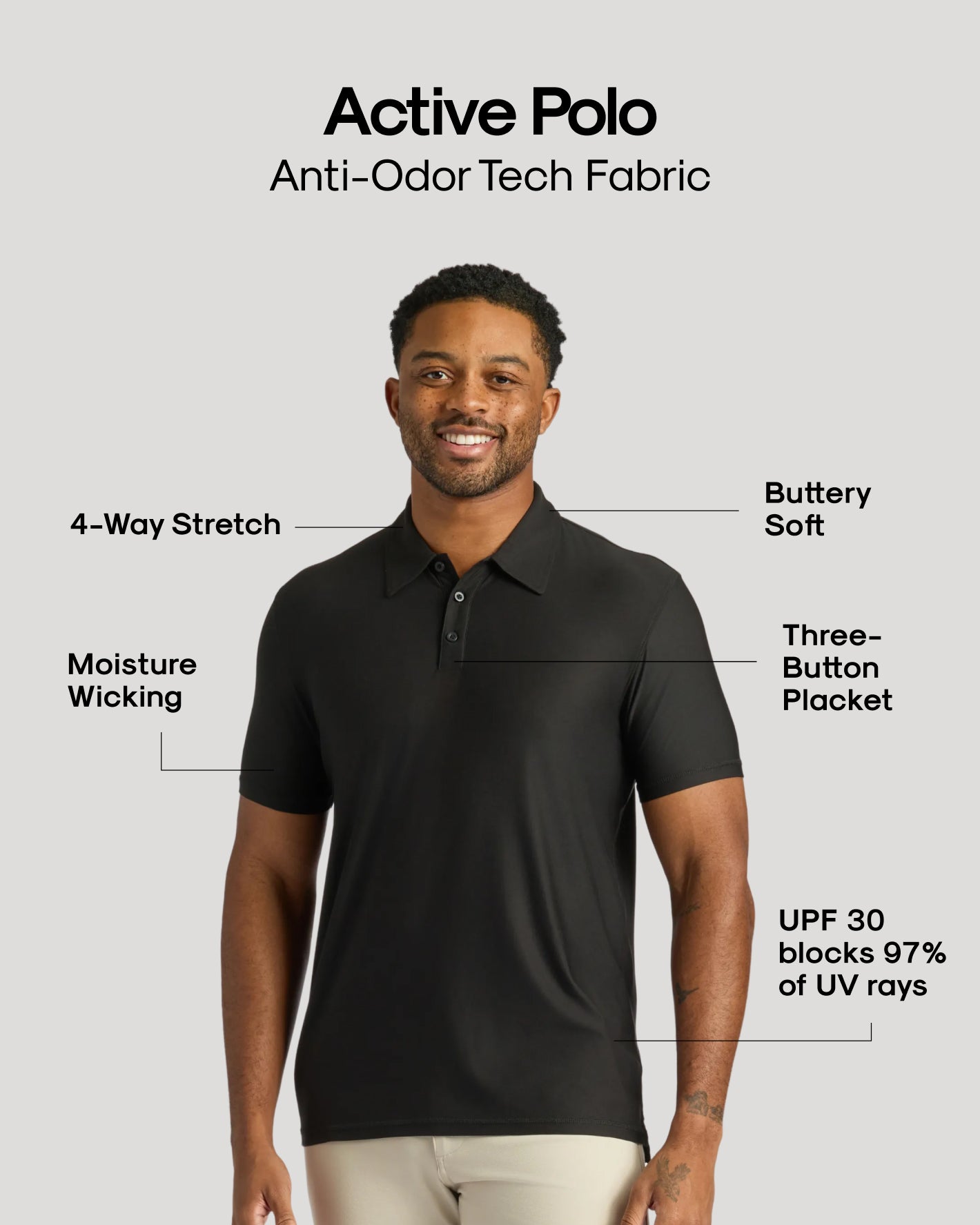 Black Try 1 of Everything 5-Pack: Model wearing black Active Polo showcasing features.