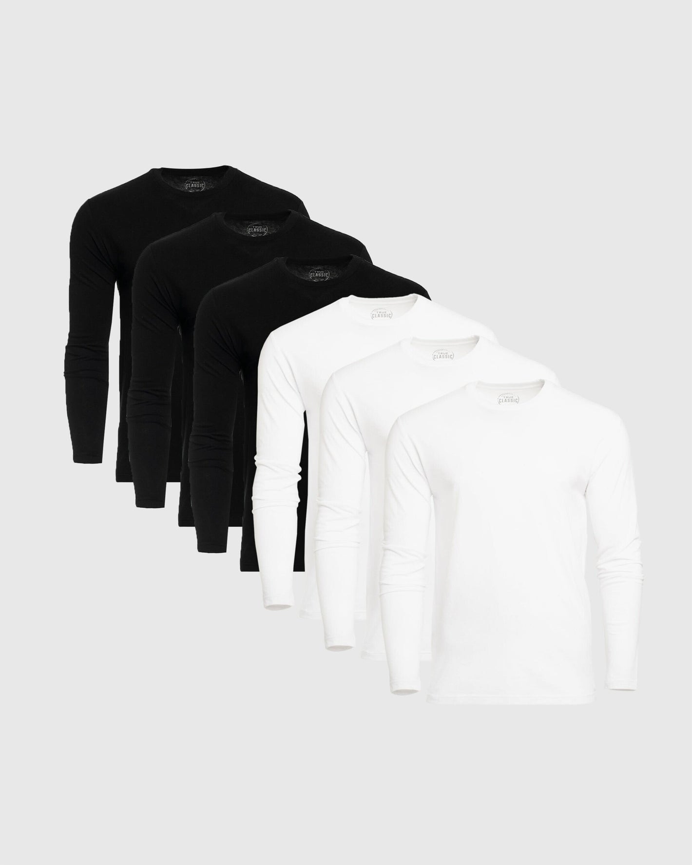 Black & White Classic Long Sleeve Crew Neck 6-Pack, staggered display.
