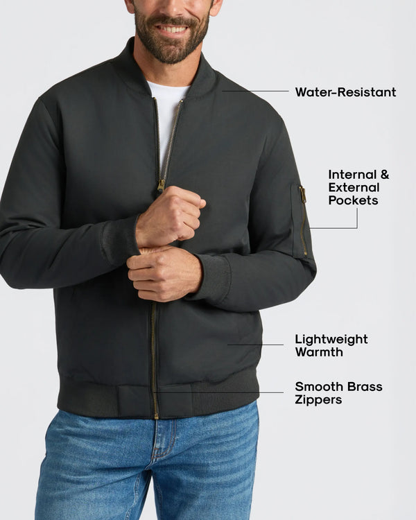 Man wearing Bomber Jacket 3-Pack, featuring water-resistant shell, brass zippers.