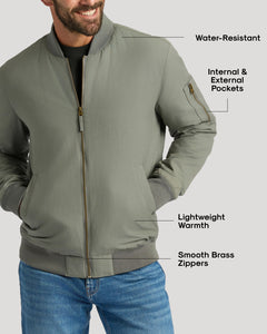 True ClassicCarbon Bomber Jacket with brass zippers and highlighted features.