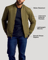 Army Green Bomber Jacket with brass zippers and multiple pockets.