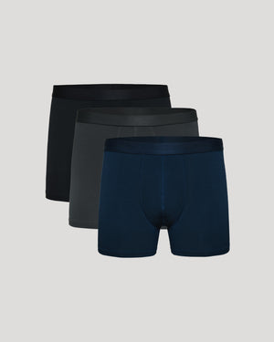Combo Boxer Trunks 3 Pack showcasing navy, charcoal, and black colors.