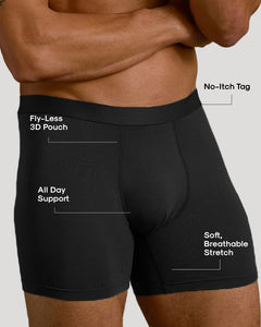 True ClassicBlack Boxer Brief showcasing no-itch tag, 3D pouch, and soft stretch fabric.