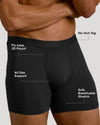 Black Boxer Brief showcasing no-itch tag, 3D pouch, and soft stretch fabric.