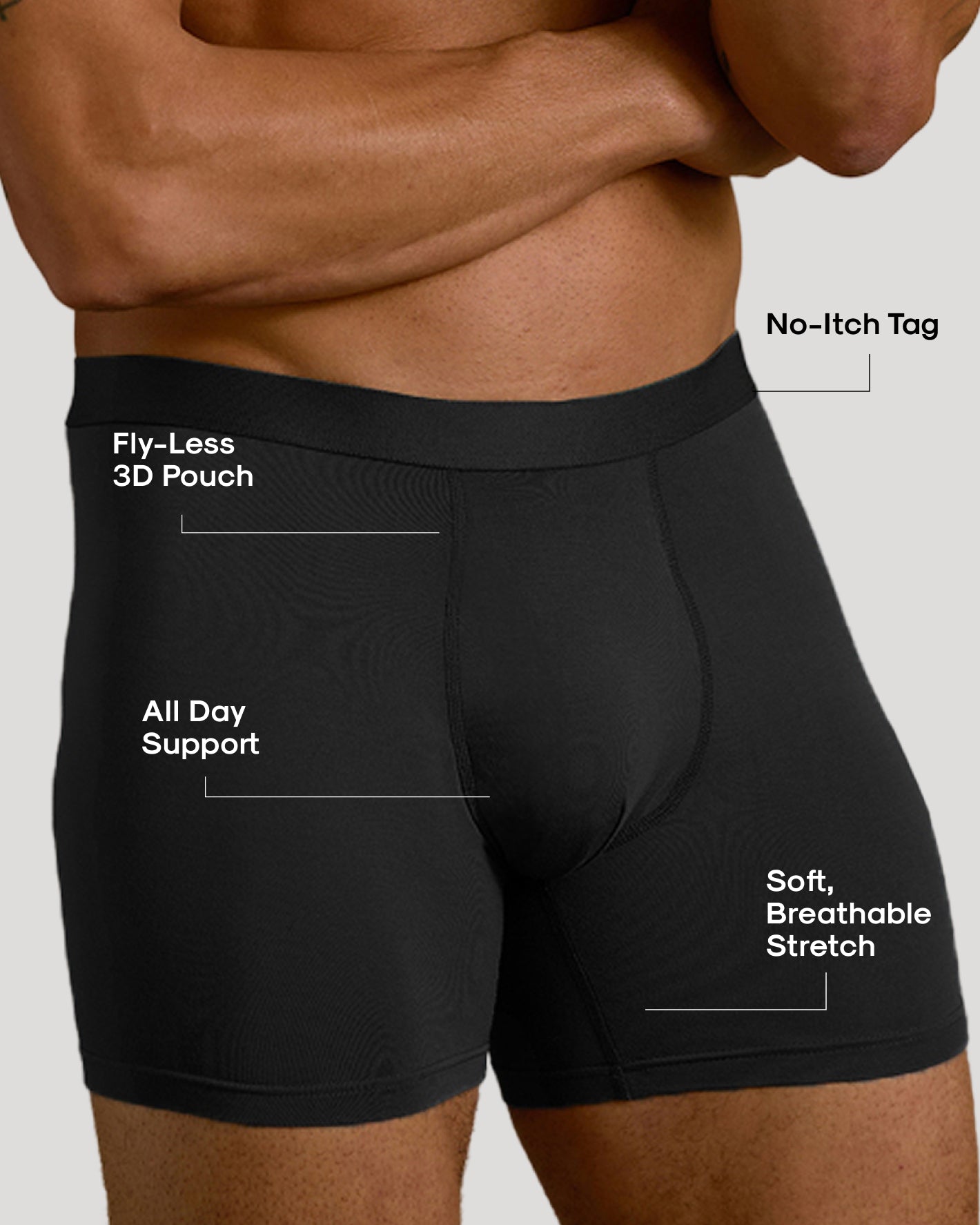 Black Boxer Brief showcasing no-itch tag, 3D pouch, and soft stretch fabric.