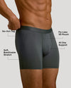 Man wearing Carbon & Navy Boxer Briefs 6-Pack with highlighted features.