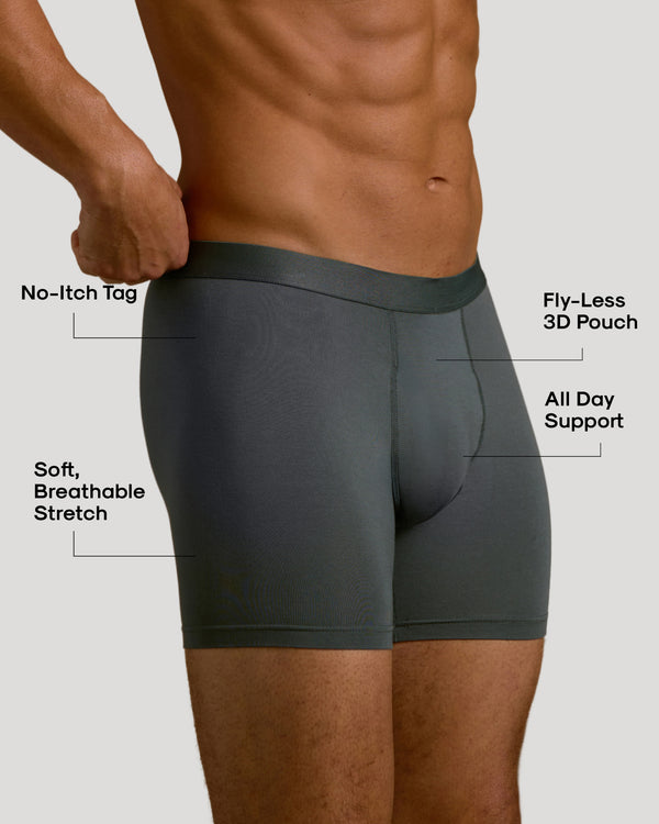 Man wearing Carbon & Navy Boxer Briefs 6-Pack with highlighted features.