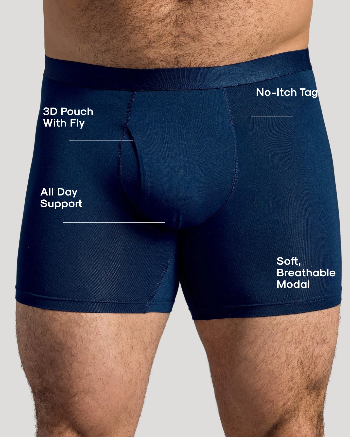 Navy Boxer Briefs W/ Fly 12-Pack 2025 modeled, highlighting 3D pouch.