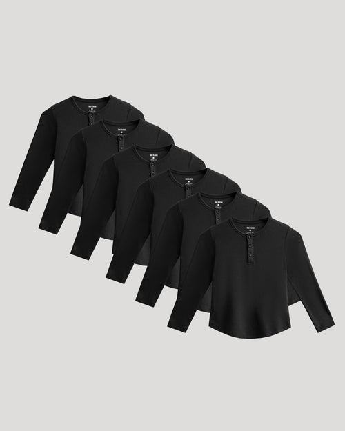 Boys' All Black Waffle Long Sleeve Curved Hem Henley 6-Pack displayed.