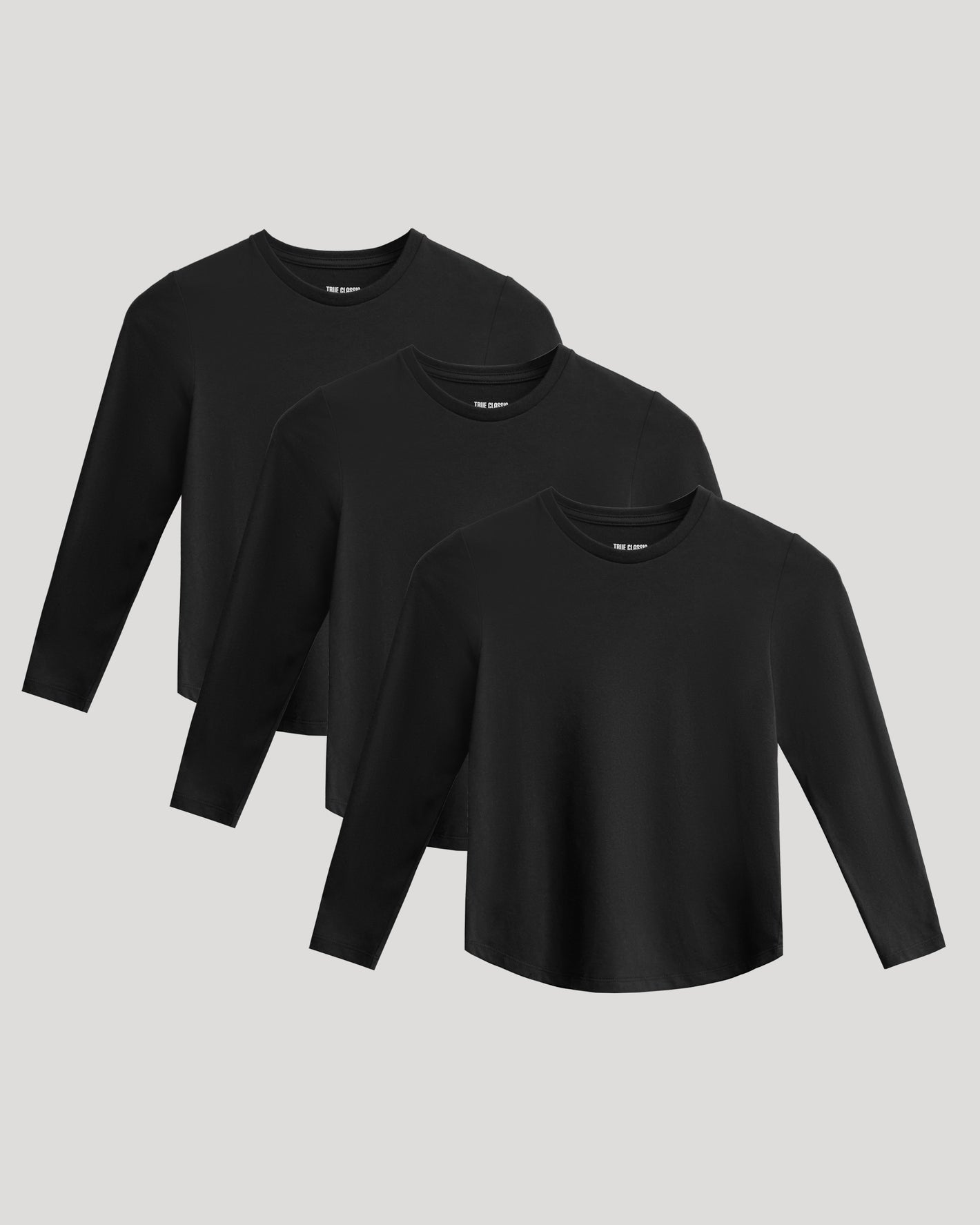 Boys' All Black Classic Long Sleeve Curved Hem Crew Neck 3-Pack displayed.