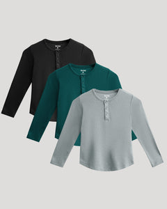 True ClassicBoys' Waffle Long Sleeve Henley 3-Pack shirts overlapping display.