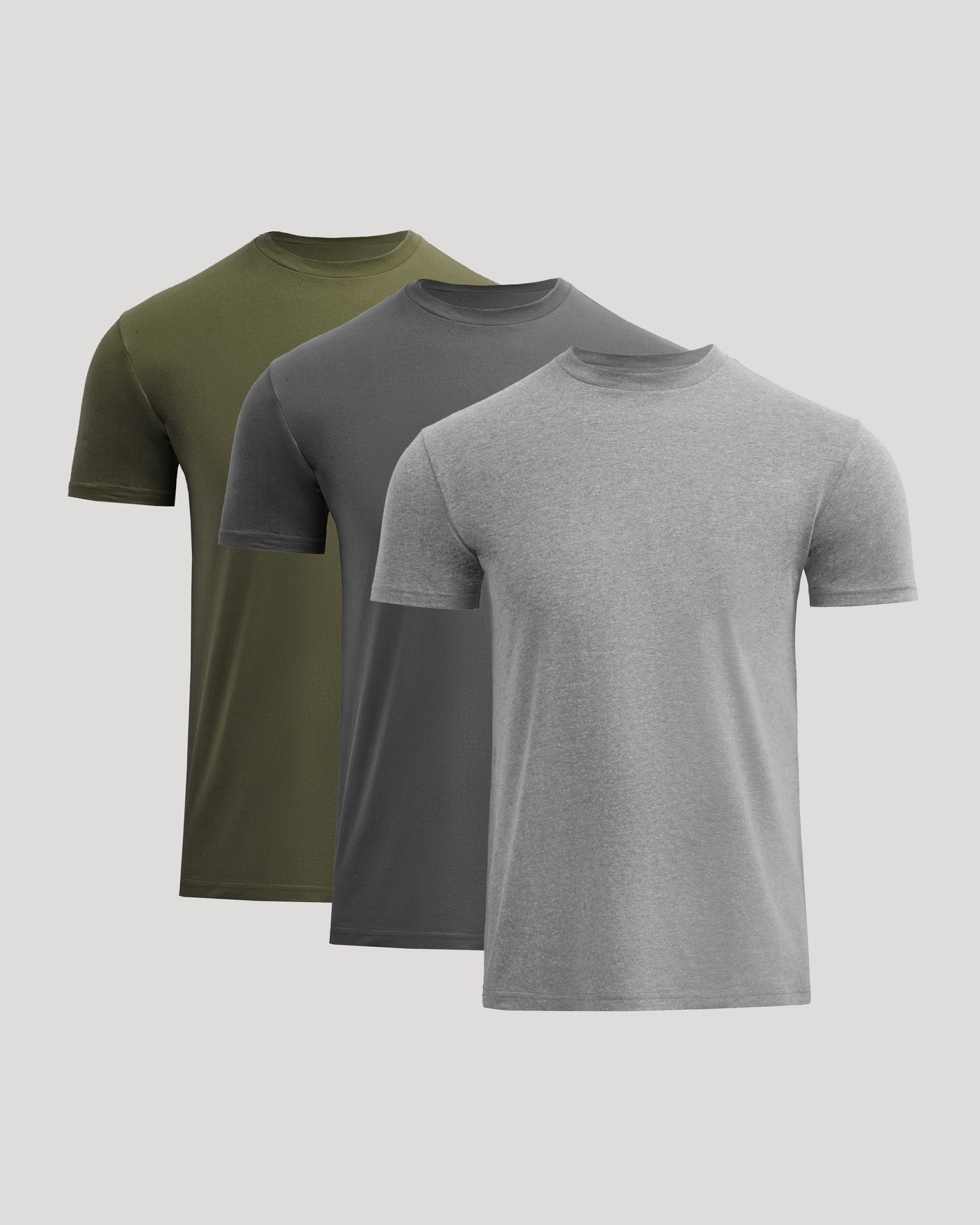 Classic Crew 3-Pack T-shirts in light gray, dark charcoal, olive green.