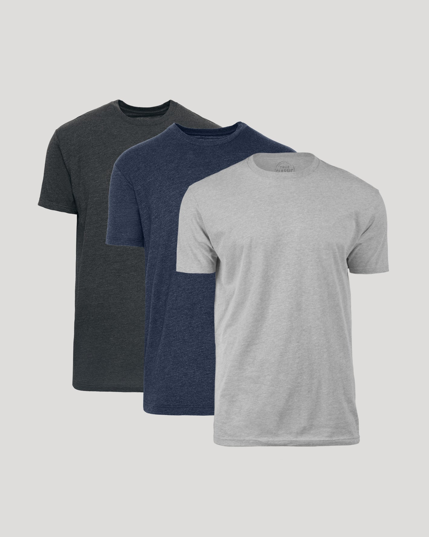Classic Crew 3-Pack t-shirts displayed in charcoal, navy, and light gray.