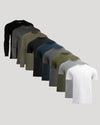 Row of men's t-shirts in various colors on a light gray background