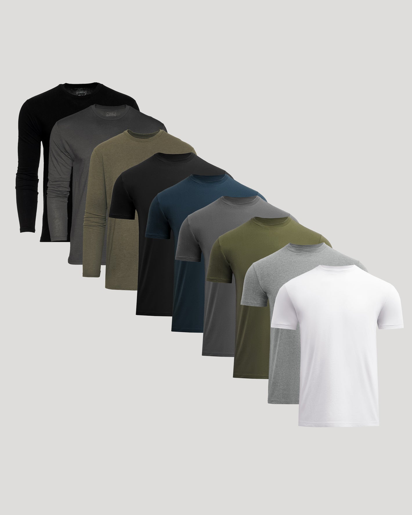 Row of men's t-shirts in various colors on a light gray background