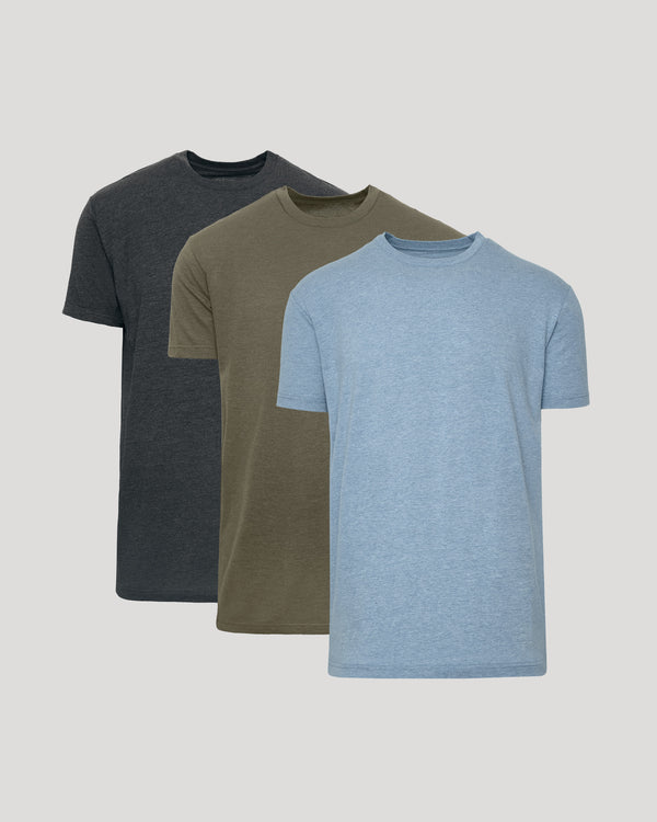 Classic Crew Neck 3-Pack with three short sleeve crew neck shirts in charcoal gray olive green and light blue for versatile mens basics