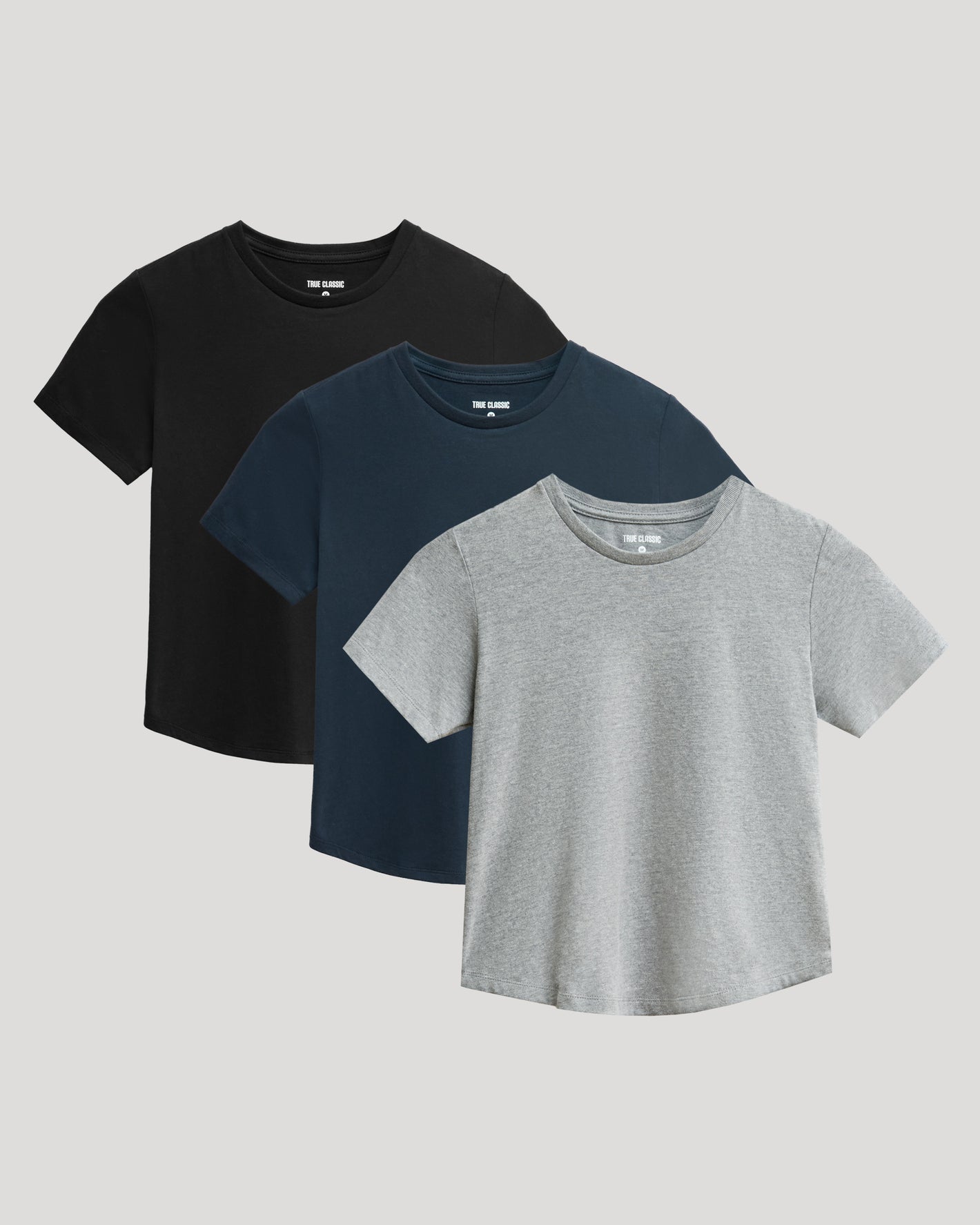 Boys' Classic Curved Hem Crew Neck 3-Pack in gray, navy, black.