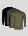 Classic Long Sleeve Crew Neck 3-Pack in olive, gray, and black.