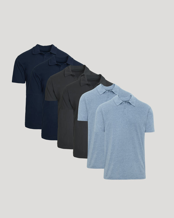 Classic Polo 6-Pack featuring six men's basics in navy blue, charcoal gray, and light blue, designed for comfort and everyday wear.