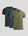 Three V-neck t-shirts in black, blue, and green on a light gray background