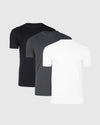 Three crew neck t-shirts in a pack, colors black, gray, and white, displayed in a stacked layout.