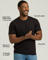 Man wearing a black t-shirt with text highlighting features on a white background