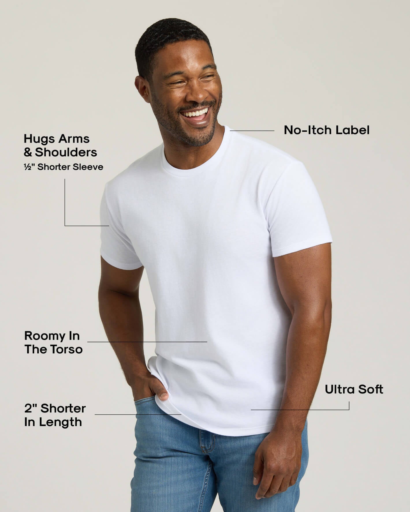 Man wearing a white t-shirt with text highlighting features on a light gray background