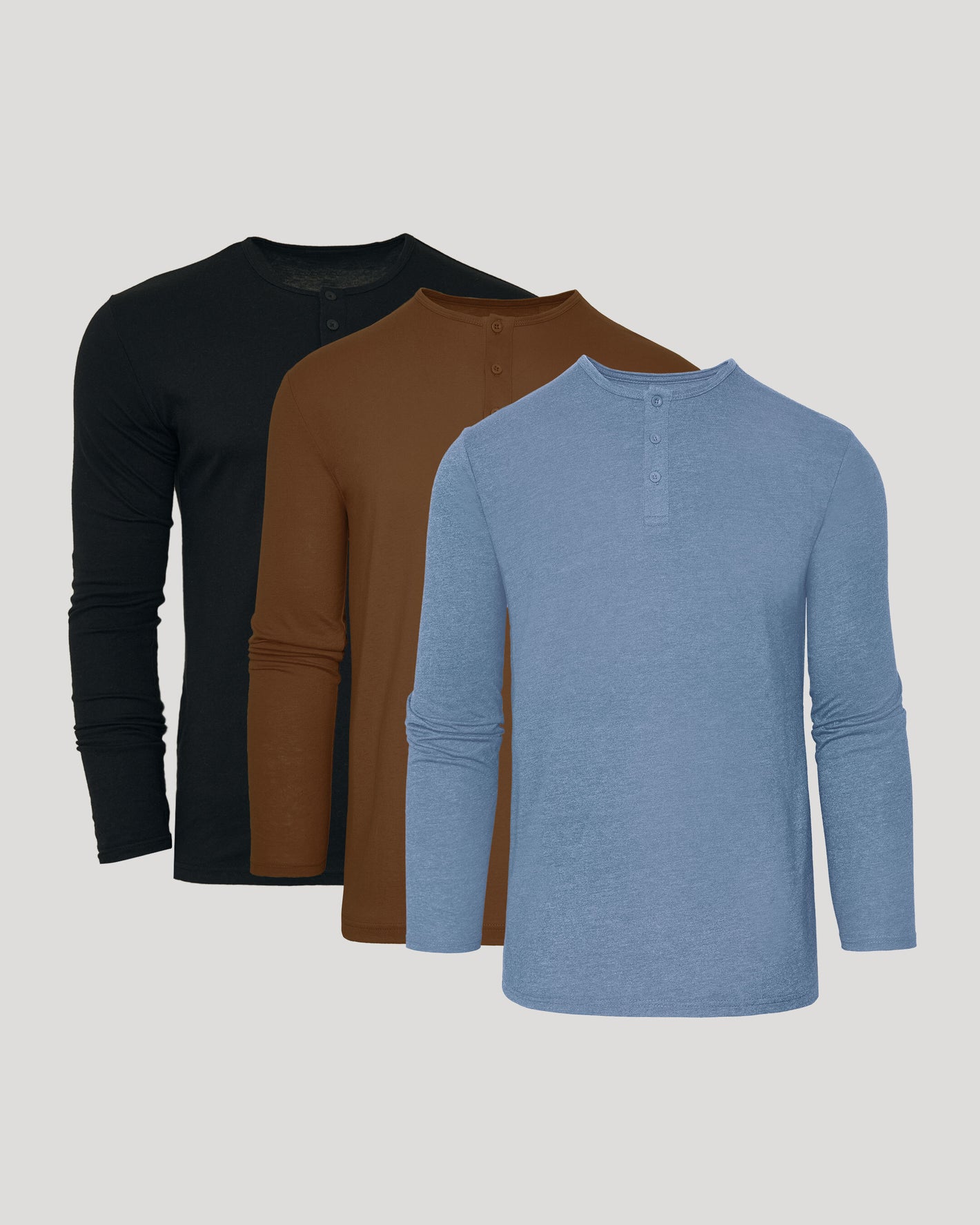 Classic Henley 3-Pack: three premium long-sleeve henley shirts displayed.