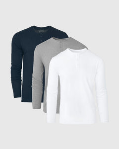 True ClassicClassic Long Sleeve Henley 3-Pack in white, gray, and navy.