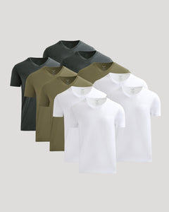 True ClassicClassic V-Neck 10-Pack in charcoal, olive, and white, stacked neatly.