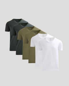 True ClassicClassic V-Neck Tee 6-Pack with white, olive, and gray tees.