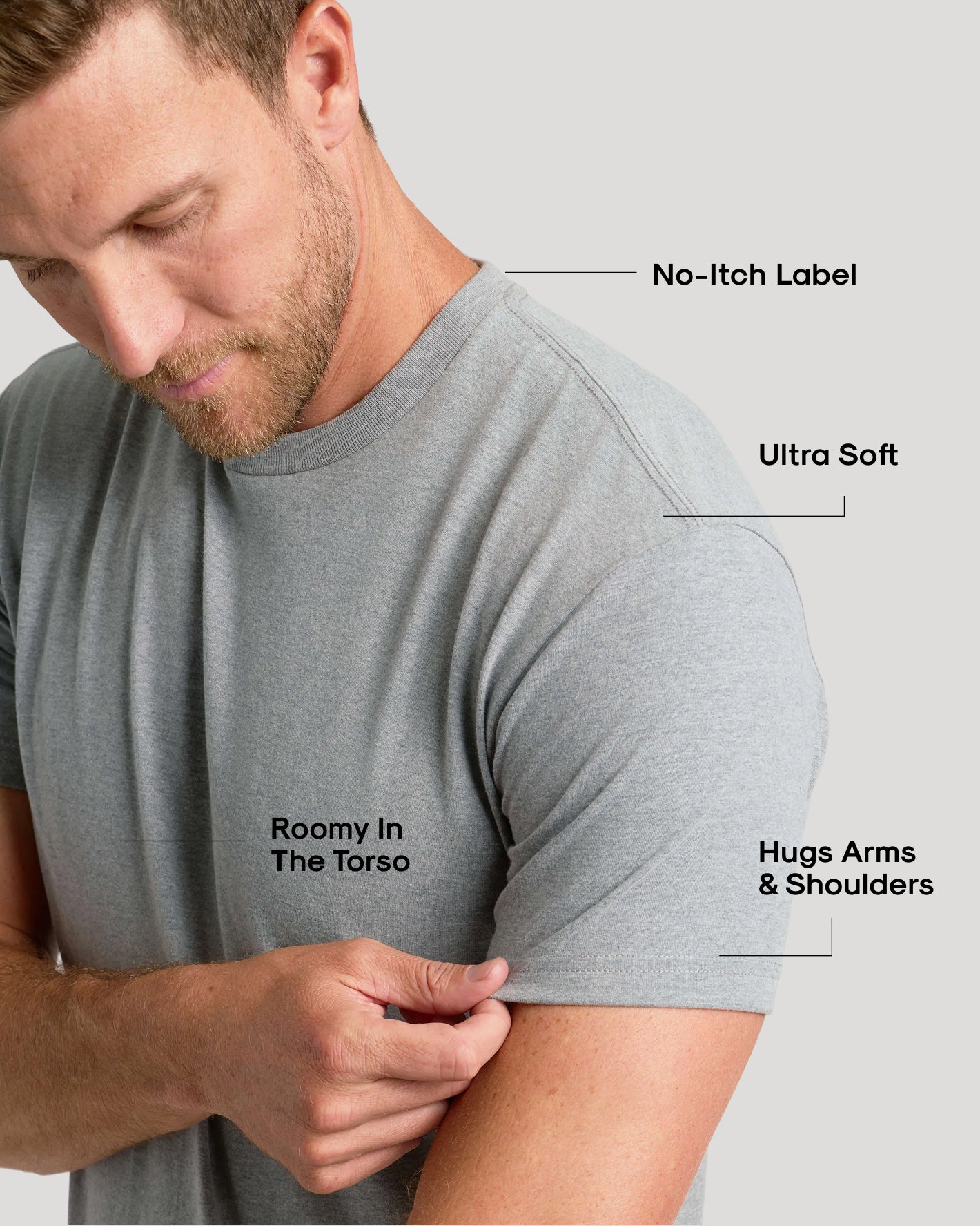 Man wearing Classic Crew 10-Pack T-shirt, showcasing fit and features.
