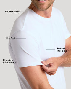 True ClassicMan wearing All White Crew 10-Pack T-shirt with comfort features labeled.