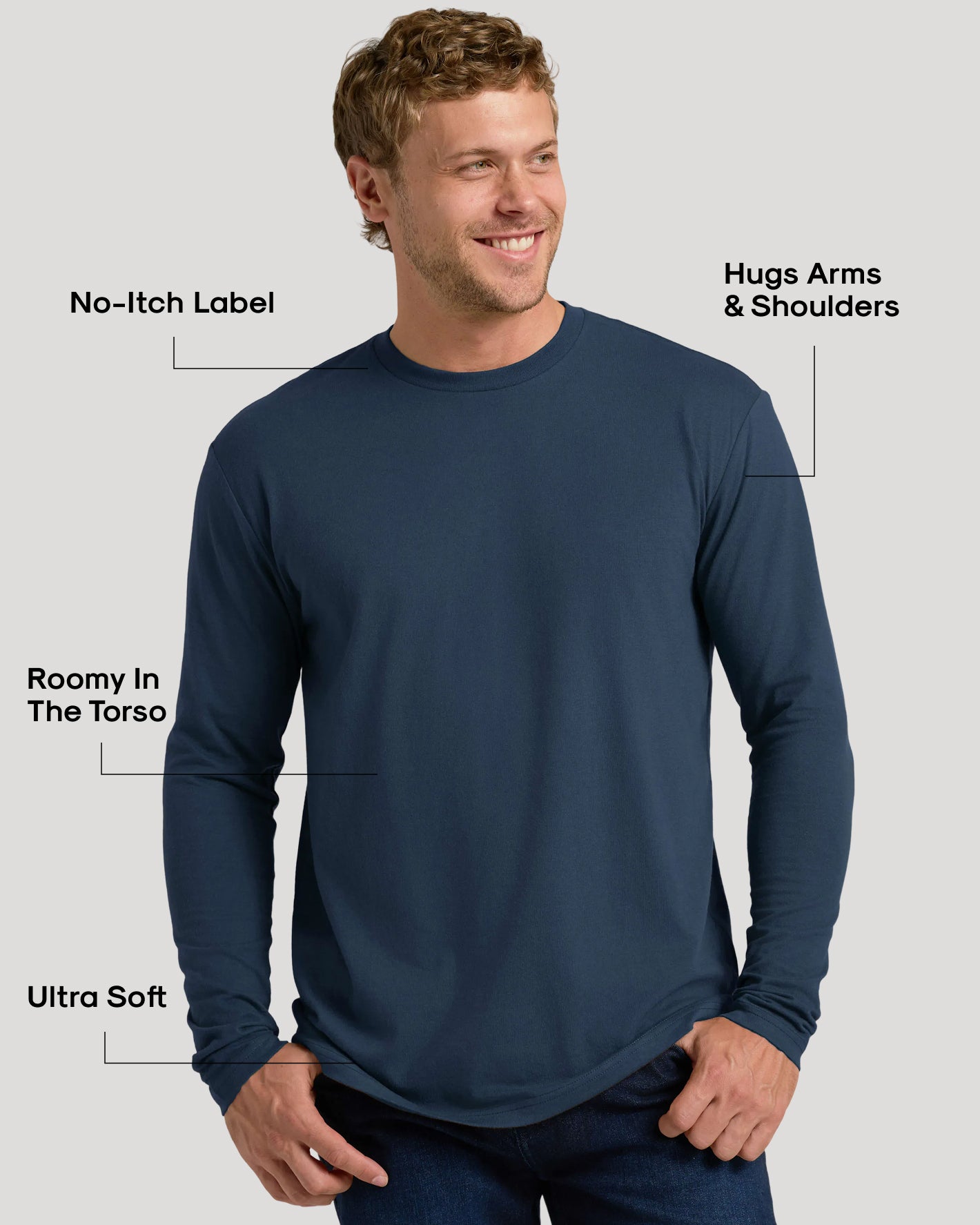 Man wearing Navy Classic Long Sleeve Crew Neck, highlighting soft fabric and tailored fit.