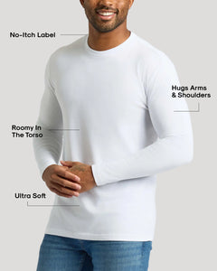True ClassicWhite Classic Long Sleeve Crew Neck 10-Pack modeled by man, showcasing fit and features.