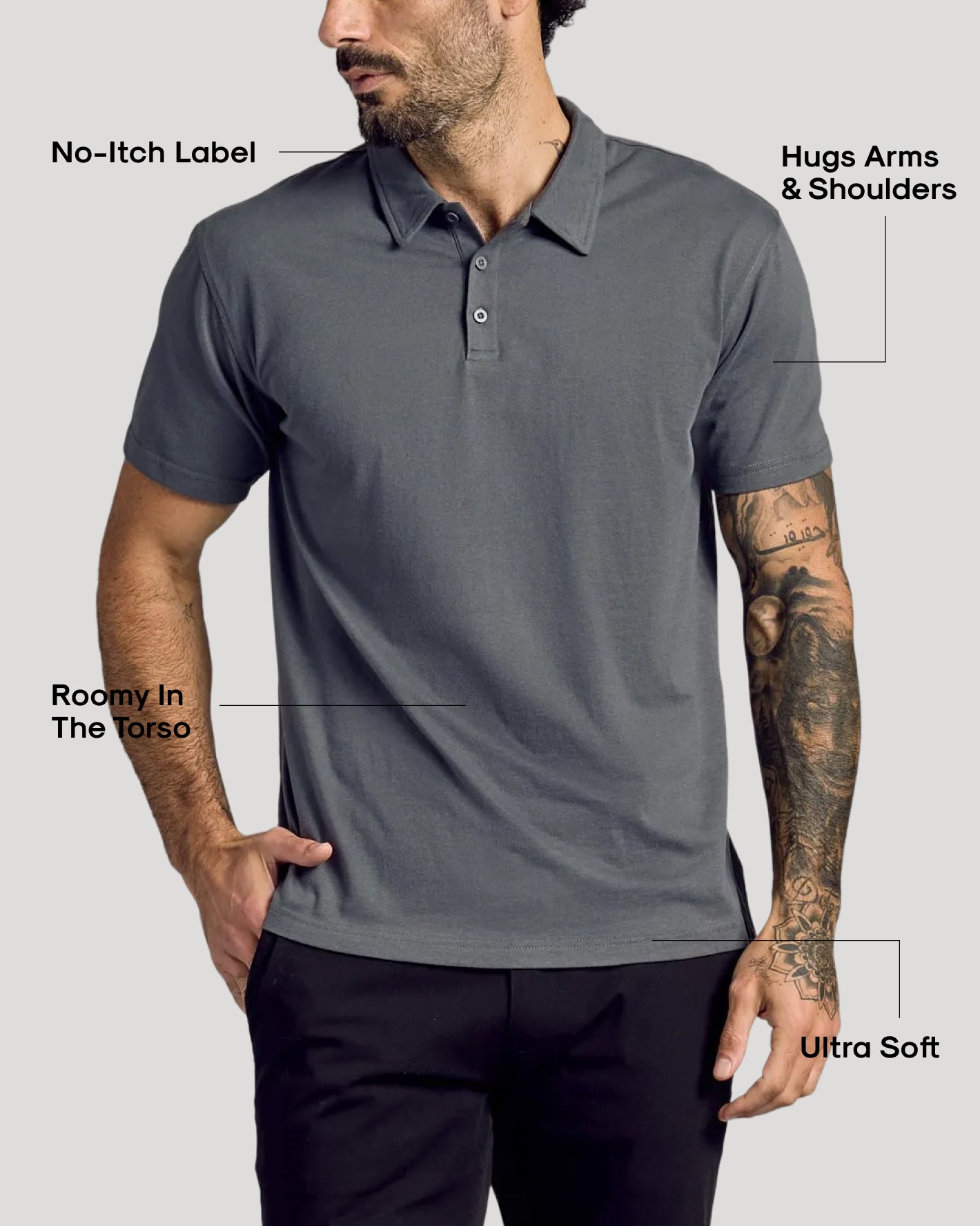 Man wearing Classic Polo 3-Pack highlighting comfort features.
