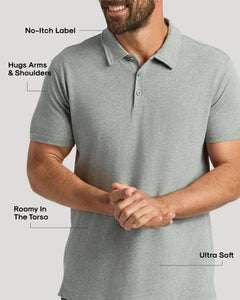 True ClassicMan wearing Heather Polo 3-Pack shirt, showcasing fit and comfort features.