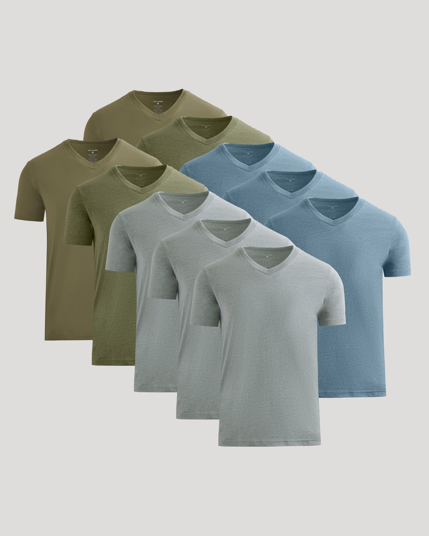 Color V-Neck 10-Pack: Ten plain V-neck T-shirts in muted tones.
