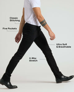 True ClassicWearing Black Wash Slim Comfort Stretch Jeans mid-stride, showing classic stitching.