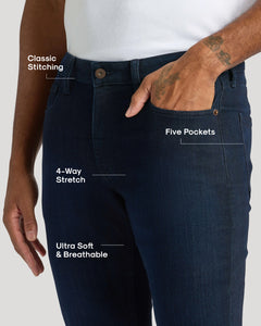 True ClassicIndigo Wash Slim Comfort Stretch Jeans with classic stitching and five pockets.