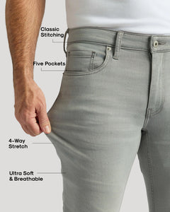 True ClassicMedium Gray Wash Slim Comfort Stretch Jeans showcasing 4-way stretch fabric.