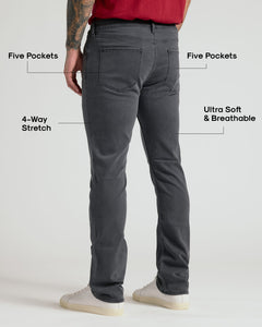 True ClassicMan wearing Gray Wash Straight Comfort Stretch Jeans highlighting features like 5 pockets.