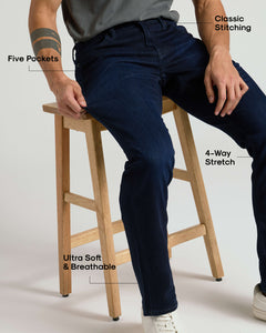 True ClassicIndigo Wash Straight Comfort Stretch Jeans with five pockets and classic stitching.